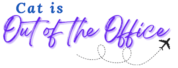 Logo that says "Cat is Out of the Office" in navy blue and purple fonts, with a small plane zooming below the text.