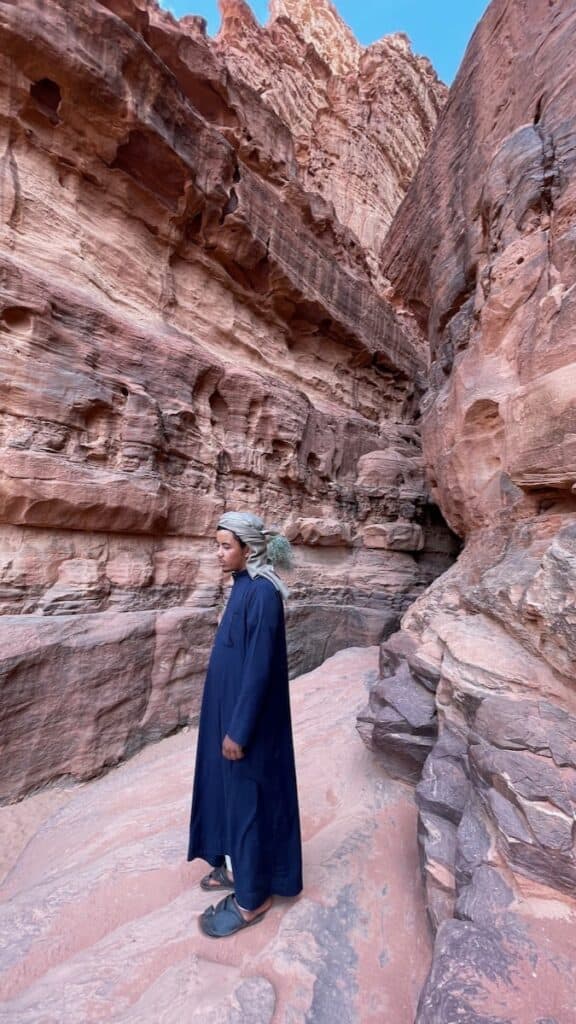 Local Bedouin in a canyon in Wadi Rum Desert