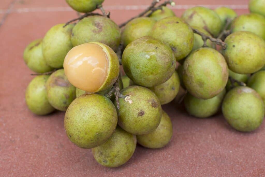 a bunch of green mamon fruit on a pink table with one peeled to see the inner cantaloupe-colored flesh