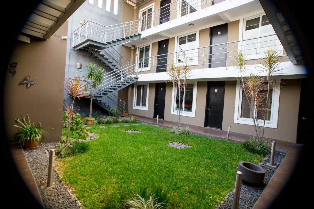 A courtyard view of Terra Bella Hotel Boutique in San Salvador, featuring modern architecture with two floors of rooms accessible by exterior staircases. The courtyard includes well-maintained green grass, decorative plants, and potted palms, creating a peaceful atmosphere in the heart of the city.